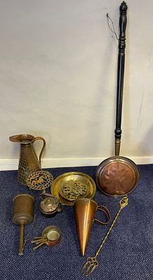 A Selection Of Brass And Copper - including a meat jack, trivet and bed warmer