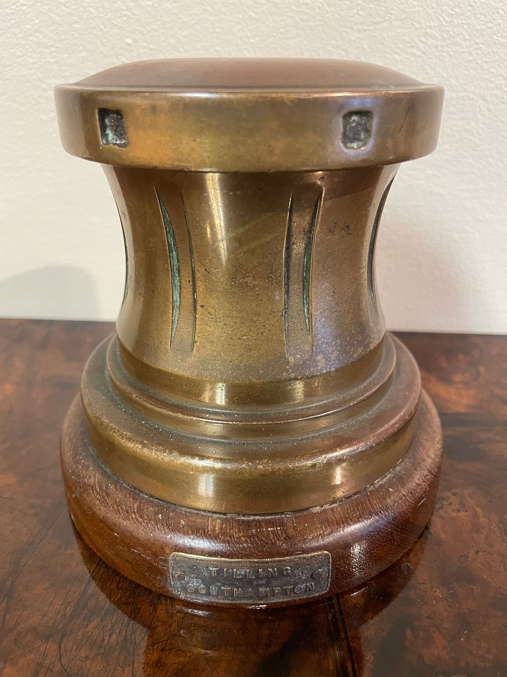 Lot 352 – A Brass Capstan Form Lidded Container with Tilling Southampton Plaque