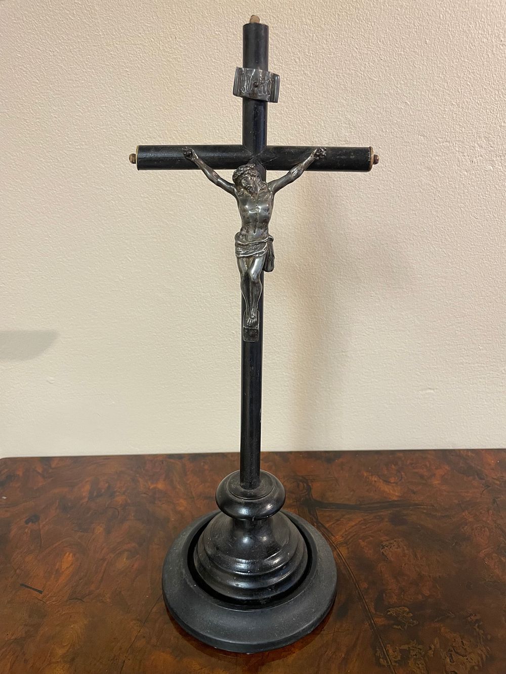 Lot 359 – French Napoleon III Ebonized Wood and Silvered Metal Standing Crucifix