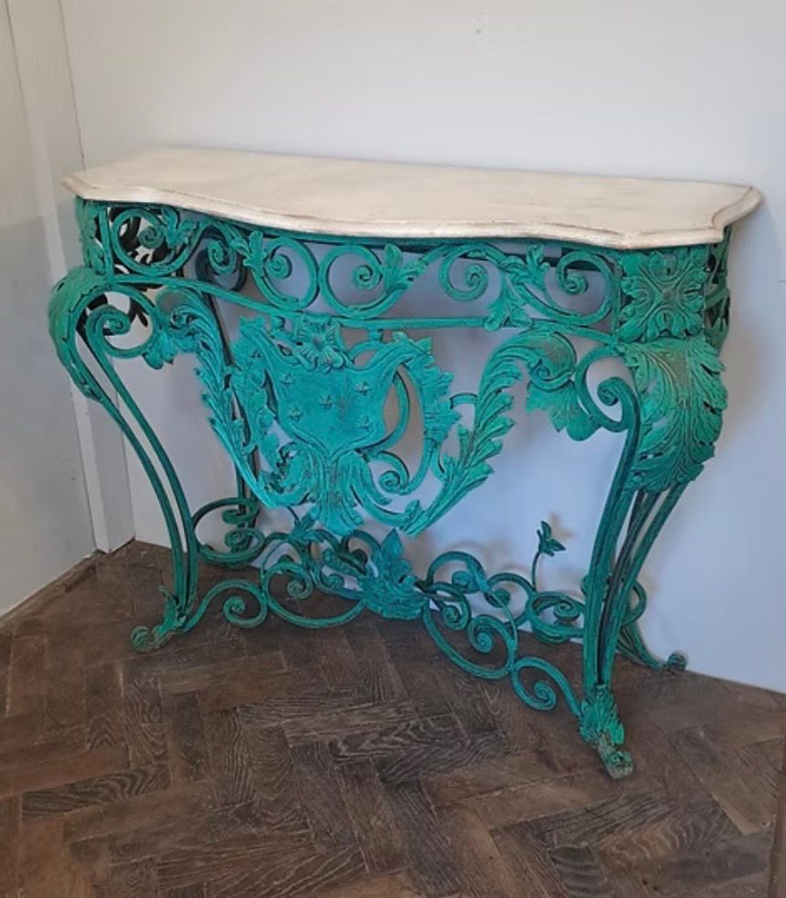 Lot 375 – French Style Wrought Iron and Marble Top Console Table