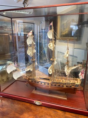 Cased Wooden Scale Model Ship of the HMS Unicorn. This lot features a wooden scale model ship of 