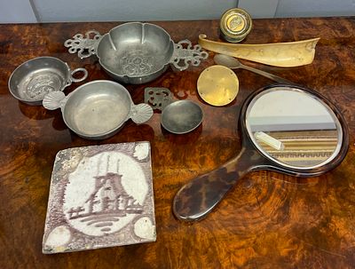 A Collection of Antique and Vintage Decorative Objects including Pewter, Delft tile, and a 
