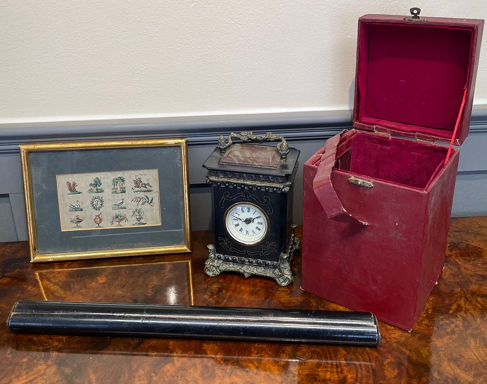 Lot 24 – Victorian Style Black Slate and Marble Carriage Clock with Travel Case and Accessories
