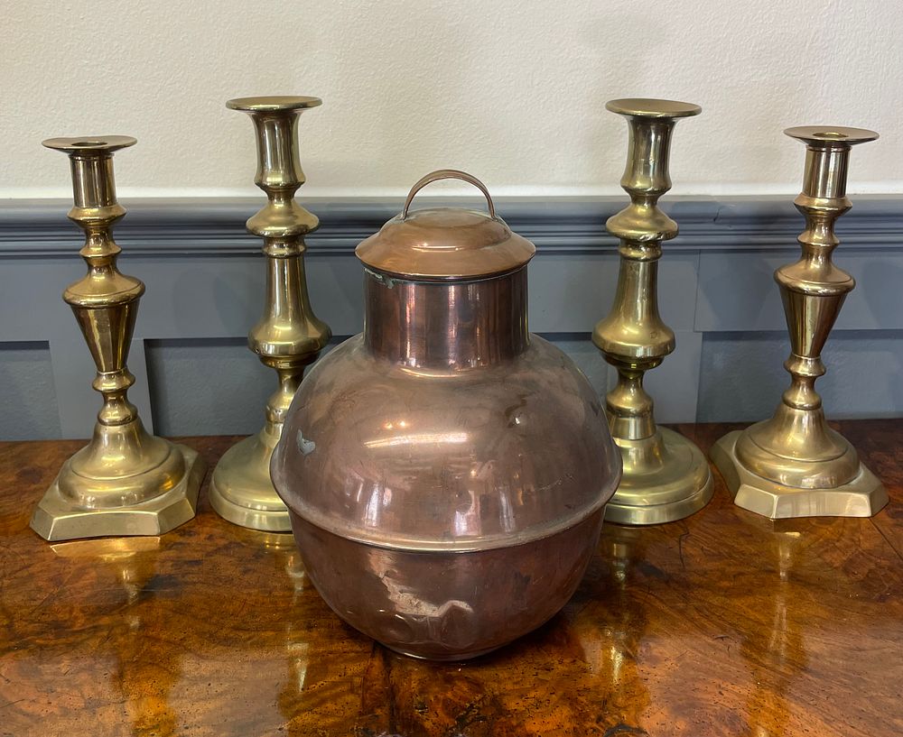 Lot 155 – An Assortment of Five Metal Tableware Items Including a Copper Lidded Vessel and Brass Candlesticks