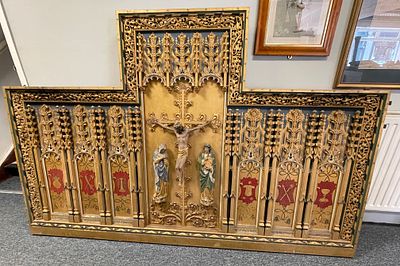 Gothic Revival Polychrome and Gilded Wood Memorial Reredos. This T-shaped Gothic Revival 