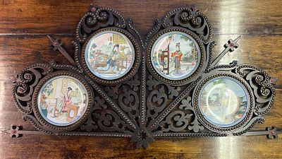 A Set of Four Imperial Jingdezhen Beauties of the Red Chamber Porcelain Plates in a Carved Wood 