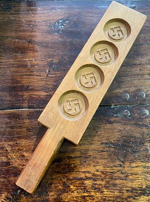 Vintage Japanese Hand-Carved Wooden Kashigata Cake Mold with Manji Symbols. This item is a 