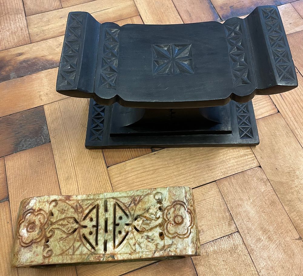 Lot 257 – Two Carved Objects Including a Ghanaian Ashanti Style Hardwood Stool and a Chinese Pierced Hardstone Pillow