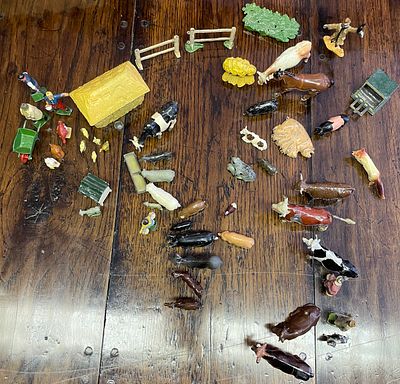 A Collection of Vintage Painted Lead and Metal Toy Farm Animals, Figures, and Accessories. A 