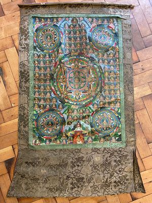 Tibetan Buddhist Five-Mandala Thangka Scroll Painting. A Tibetan Buddhist thangka scroll 