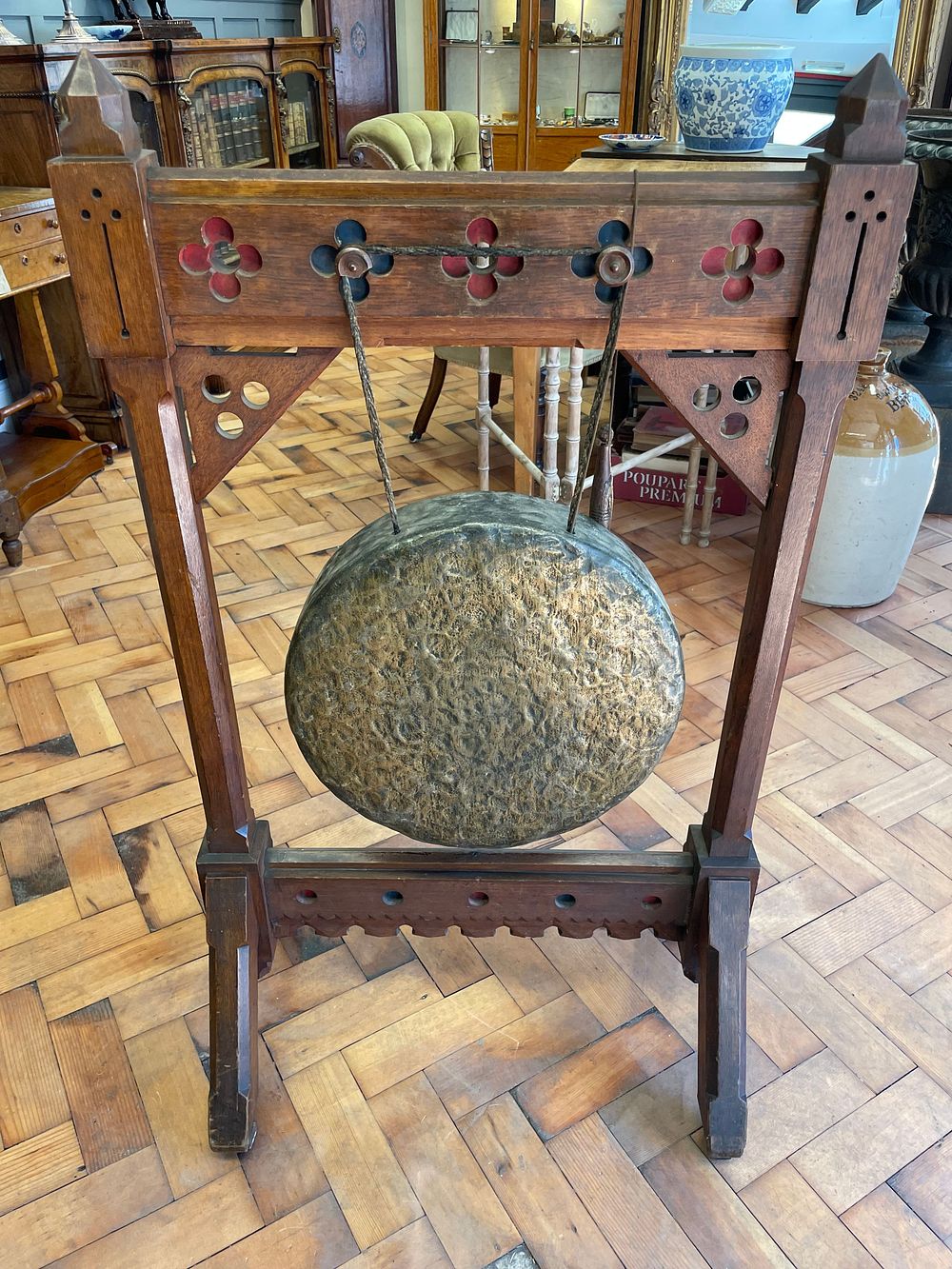 Lot 258 – Victorian Gothic Revival Oak and Hammered Brass Floor Standing Dinner Gong