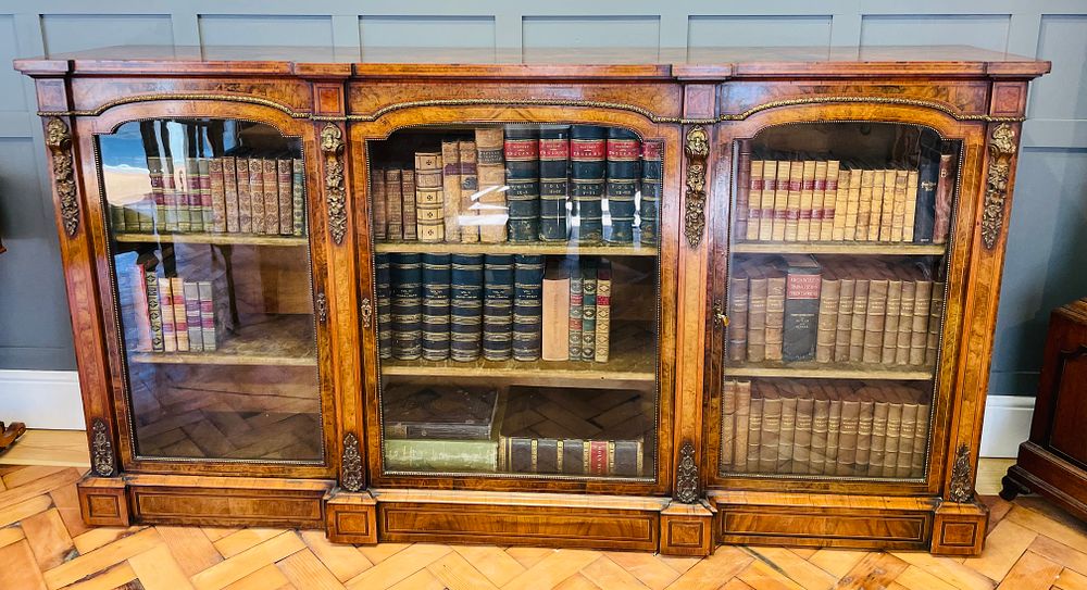 Lot 259 – Victorian Ormolu Mounted Burr Walnut Glazed Breakfront Credenza Bookcase