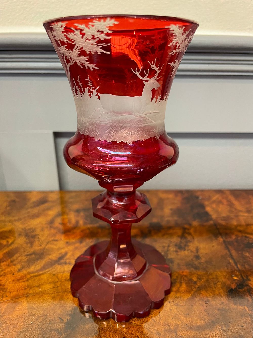 Lot 264 – A 19th century Bohemian Ruby Cut-to-Clear Glass Chalice with Etched Stag Scene