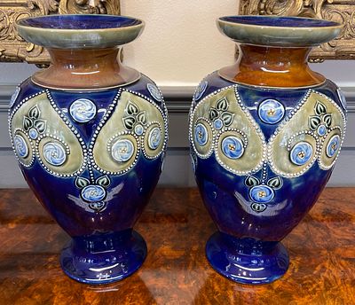 A Pair of Royal Doulton Lambeth Art Nouveau Glazed Stoneware Vases. A matching pair of Art 