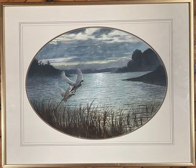Spencer Roberts (British, 1934-1997), Mallards in Flight. A framed painting by British wildlife 
