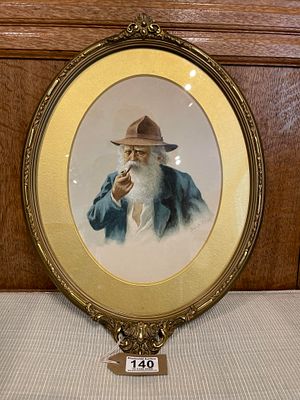 A Watercolour Of A Gentleman Smoking A Pipe In A Gilt Plaster Frame