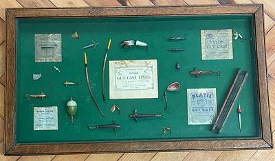 A Large Oak Framed Wall Display Case With Vintage Fishing Tackle And Equipment. Approx 83cm x 47cm