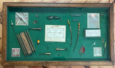 A Large Oak Framed Wall Display Case With Vintage Fishing Tackle And Equipment. Approx 83cm x 47cm