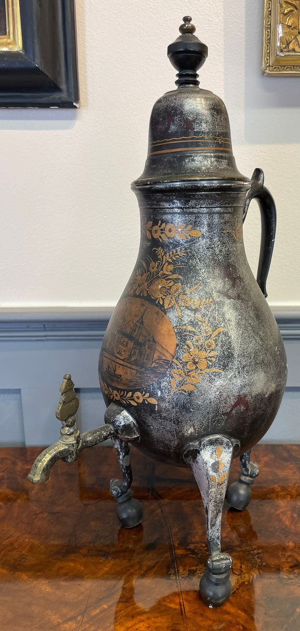 Lot 152 – A 19th Century Rare Dutch Pewter Coffee Pot With Painted Castle Scene