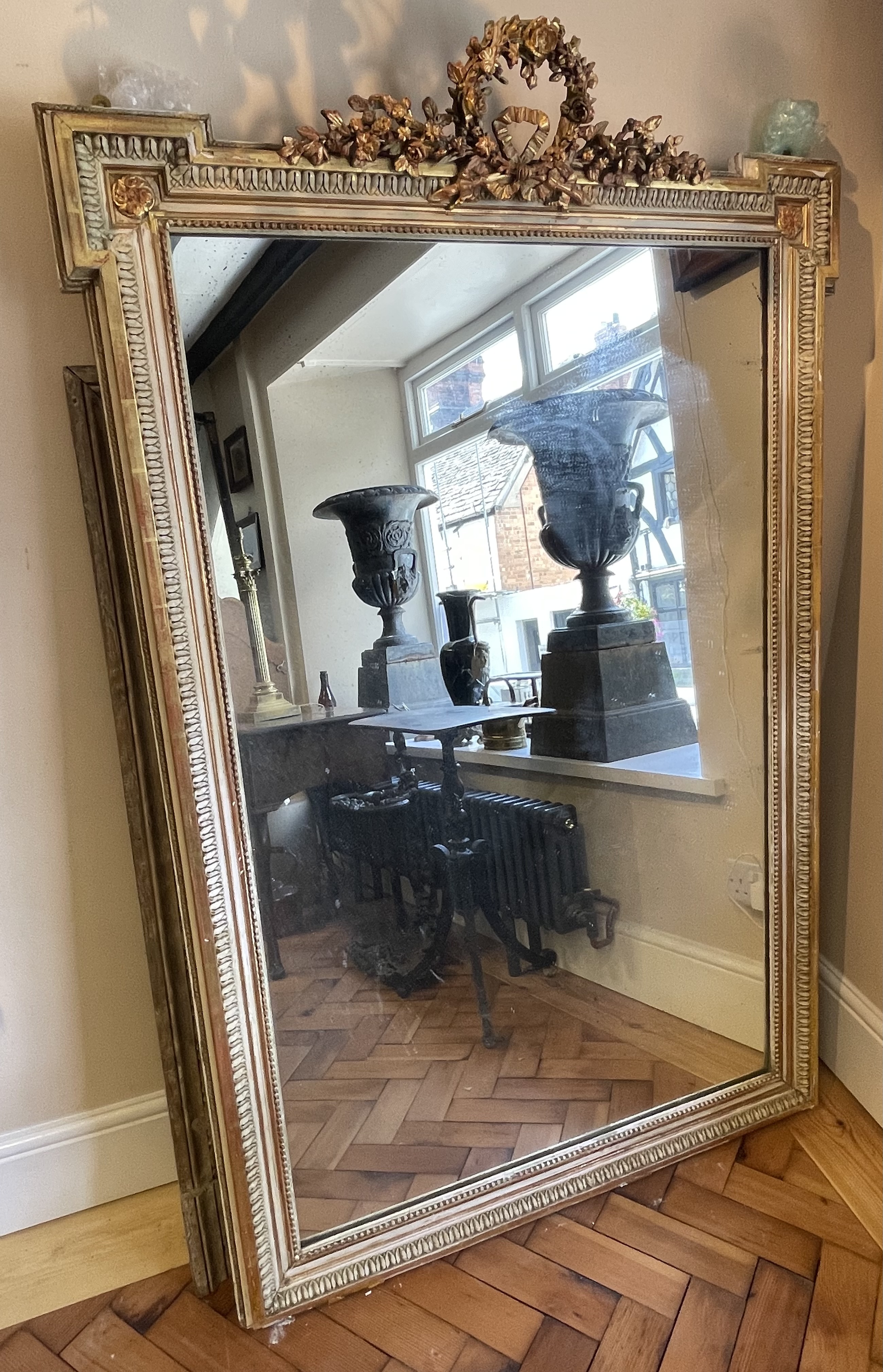 Large 19th Century French Neoclassical Gilt Wood and Gesso Overmantel Mirror