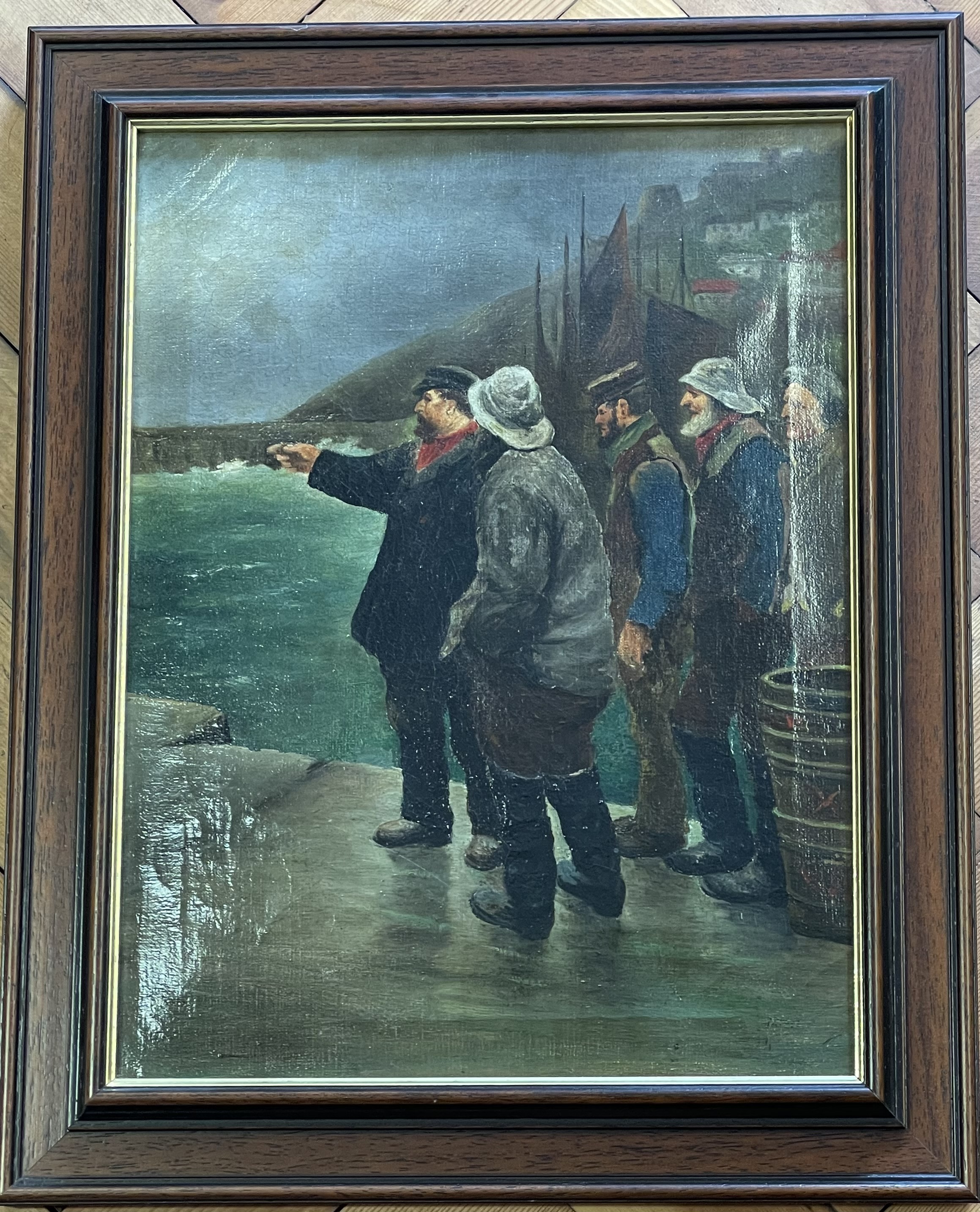 A Maritime Artwork Oil Of Fishermen on the Quay