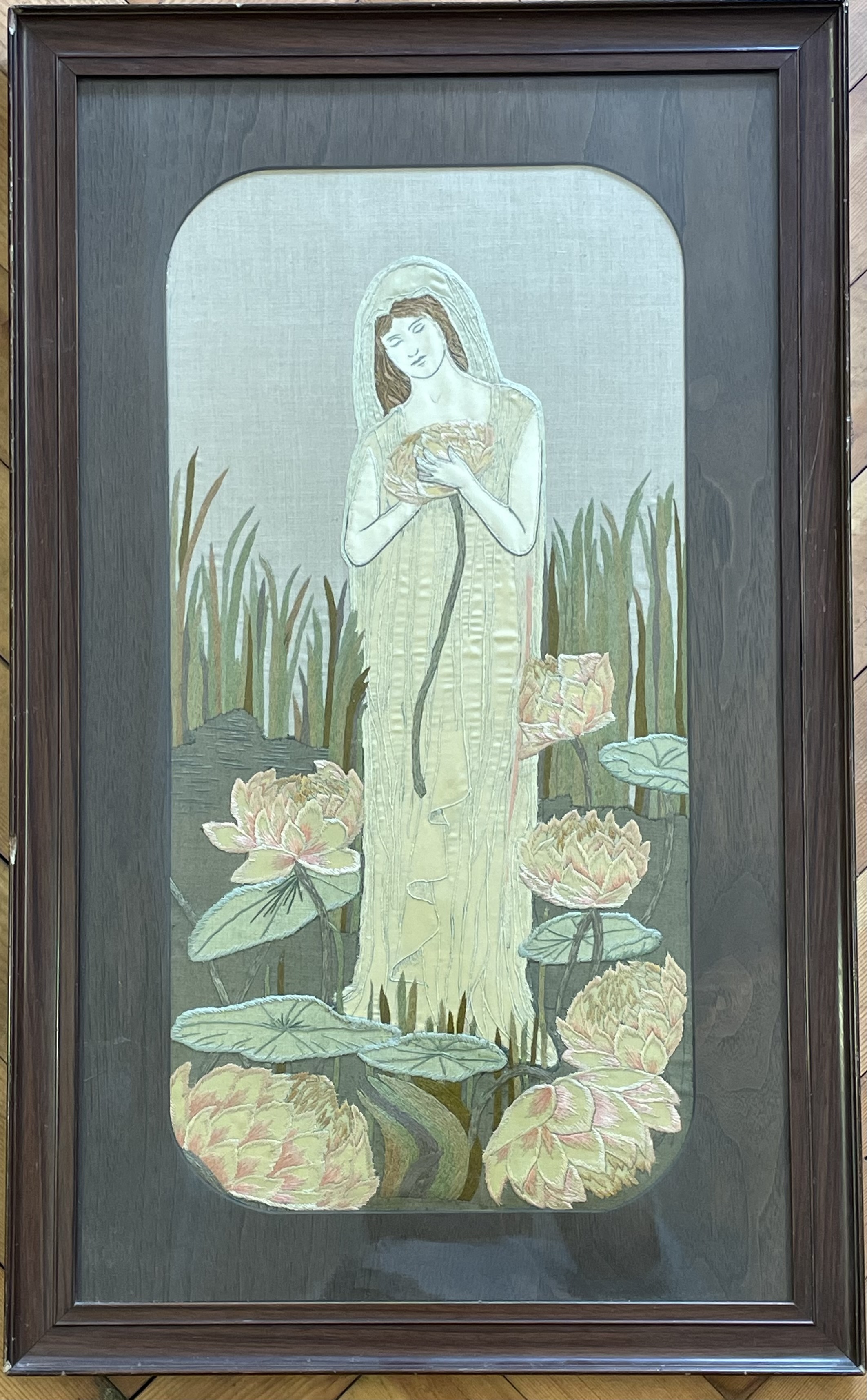 Large Framed Art Nouveau Embroidered Textile Panel After Paul Berthon