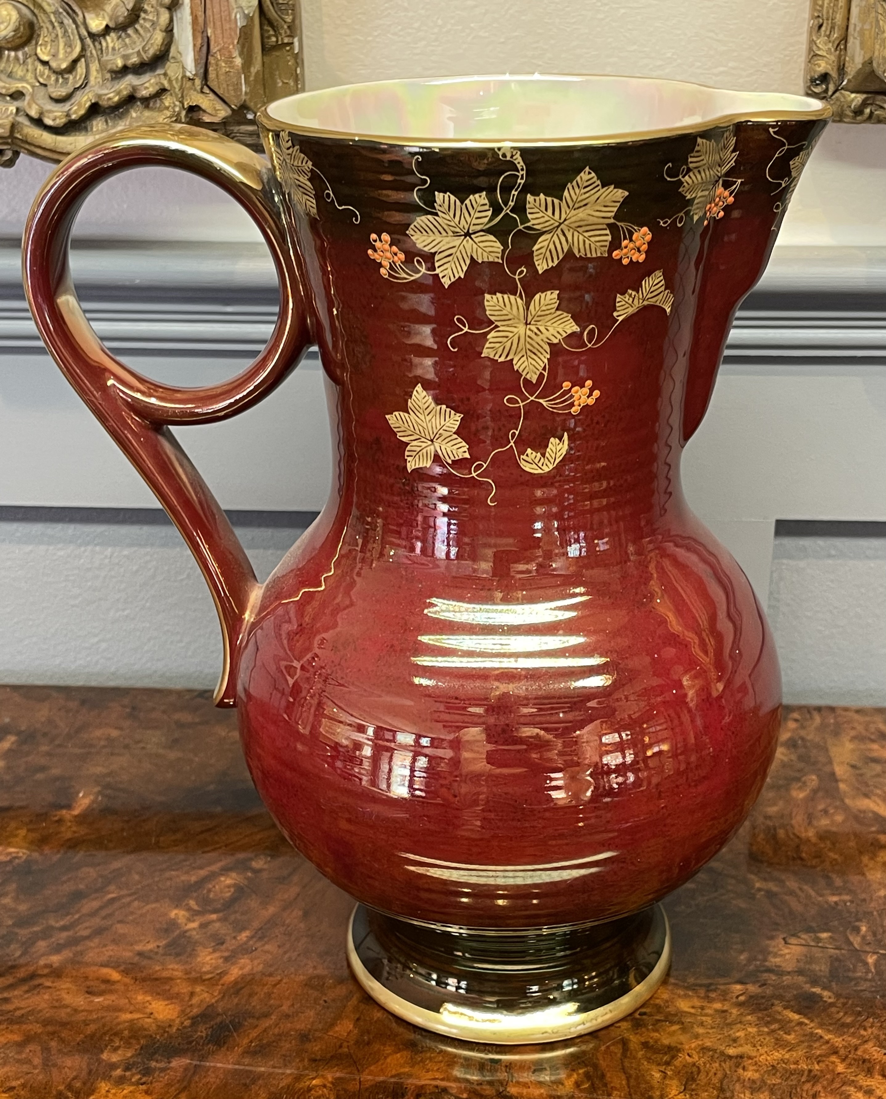 Crown Devon Rouge Royale Ceramic Pitcher with Gilt Vine Decoration