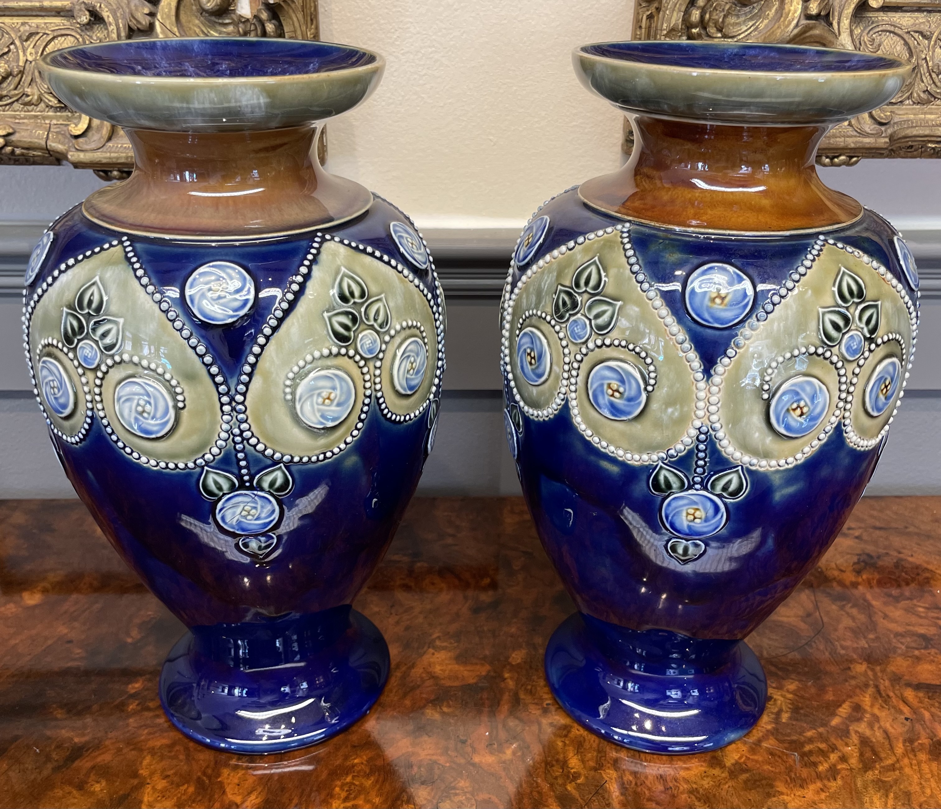A Pair of Royal Doulton Lambeth Art Nouveau Glazed Stoneware Vases