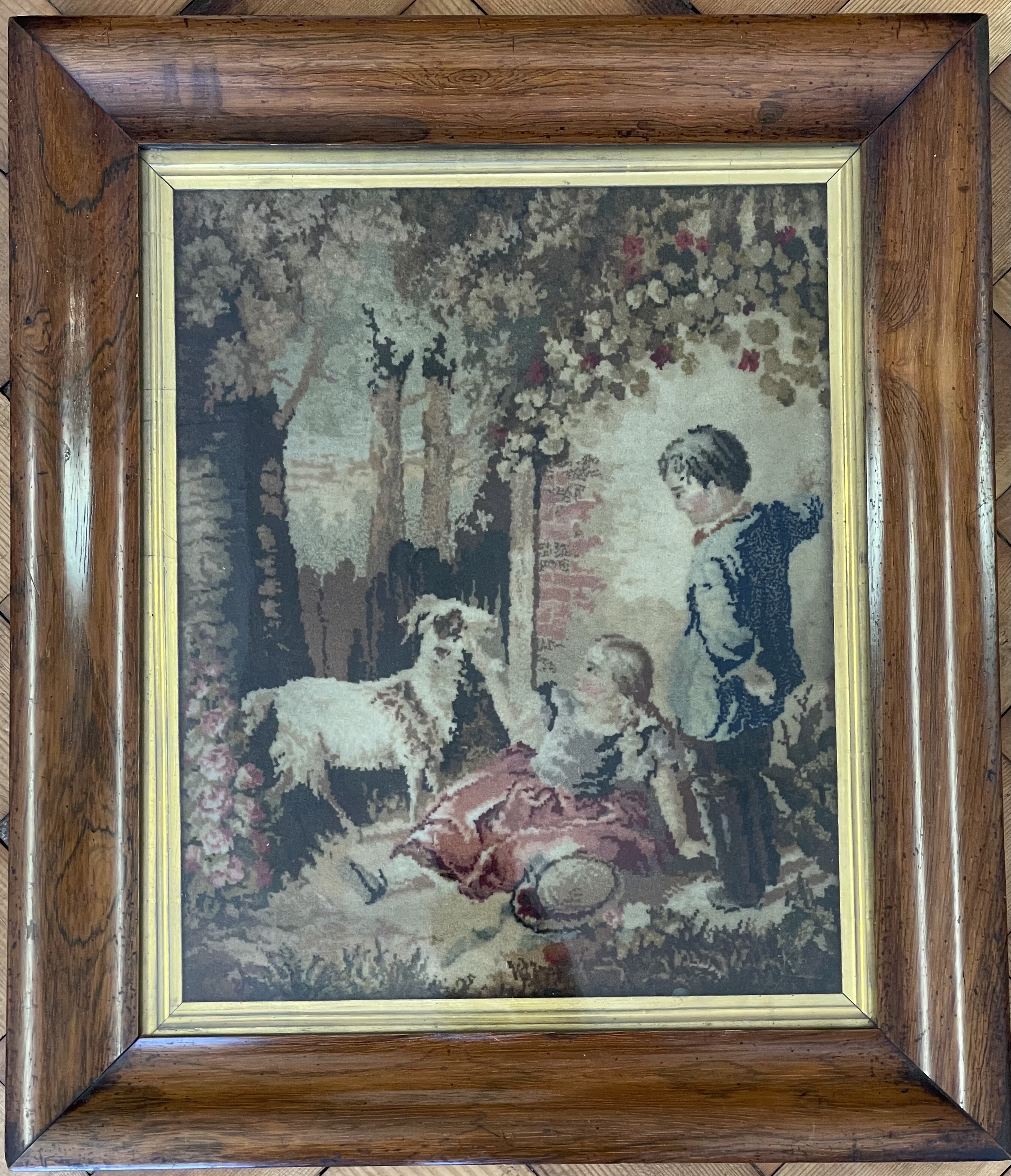 Framed Needlepoint Pastoral Scene with Children and Goat