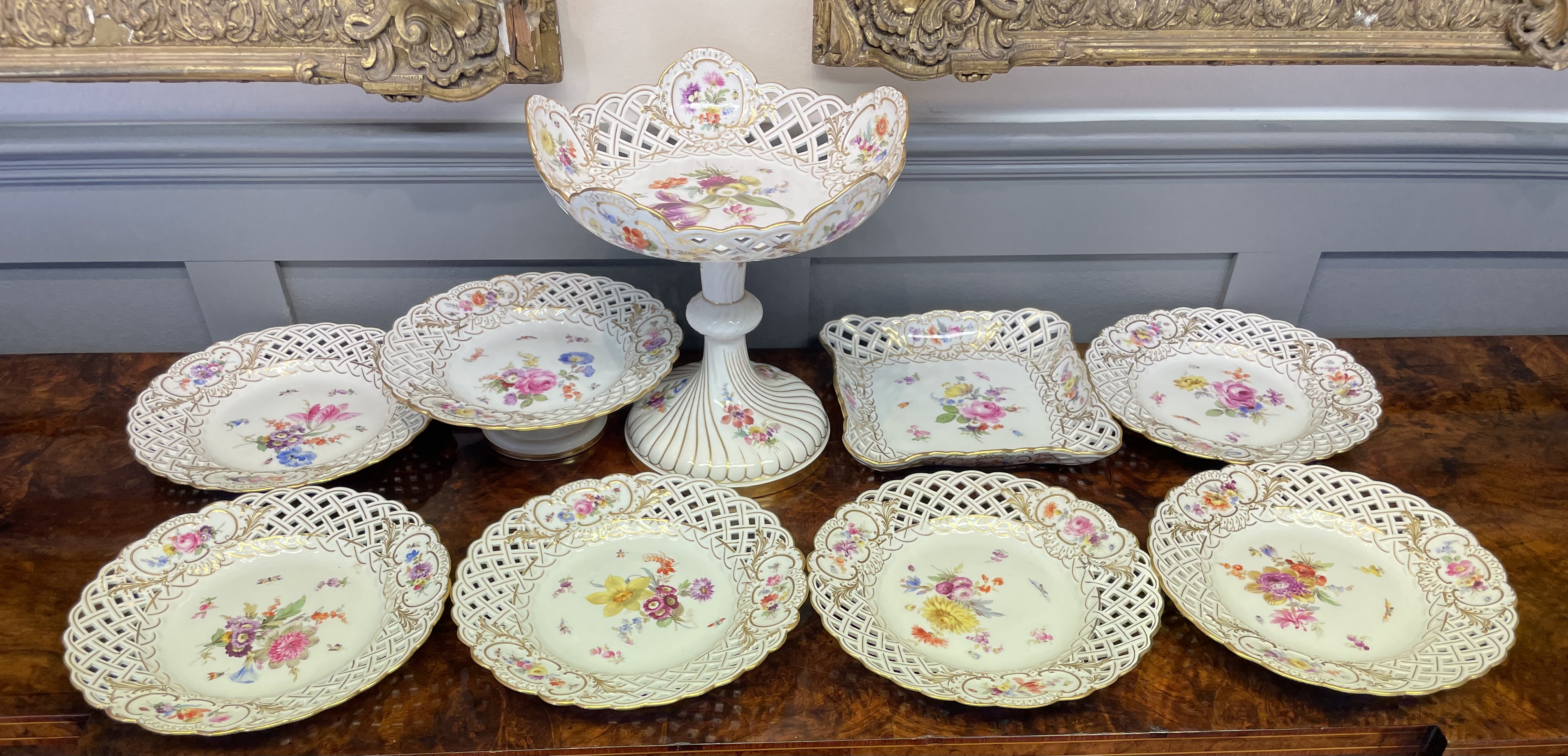 A Nine-Piece Meissen Hand-Painted Reticulated Porcelain Dessert Service