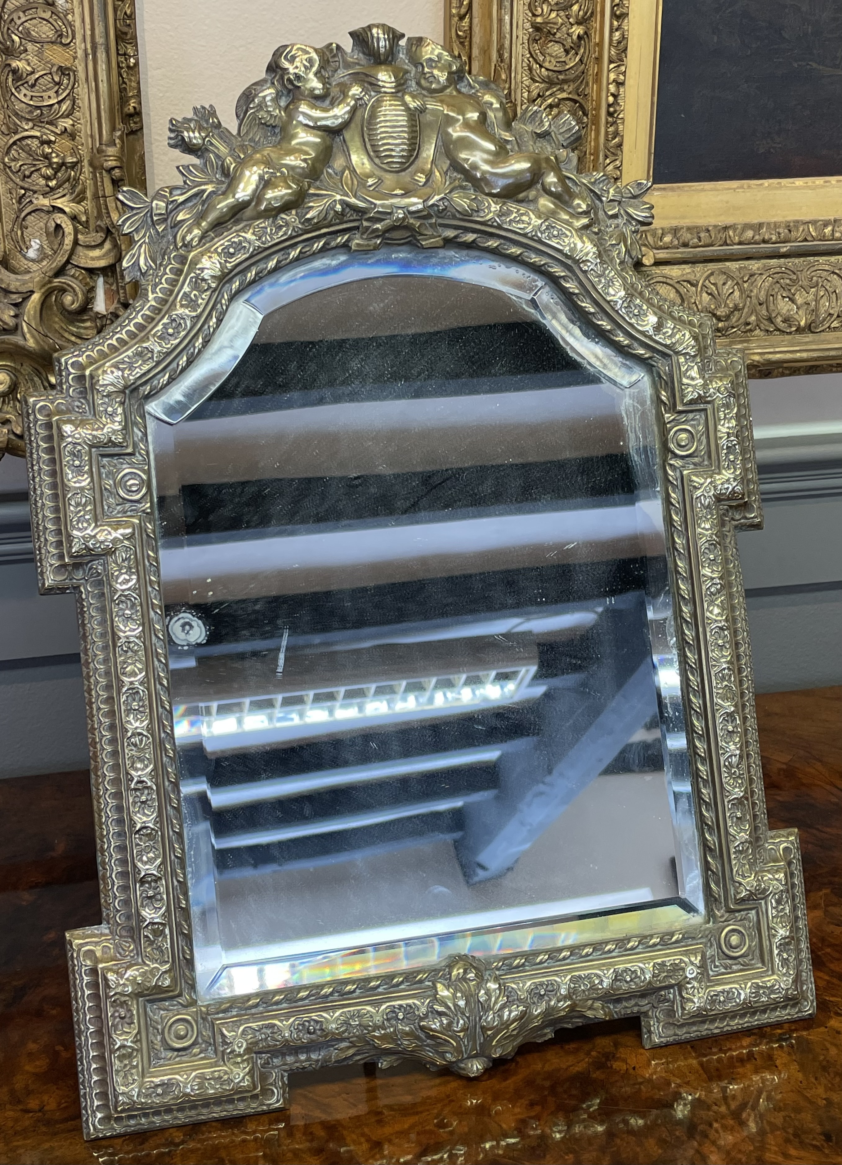 19th Century French Rococo Style Cast Brass Beveled Easel Back Table Mirror