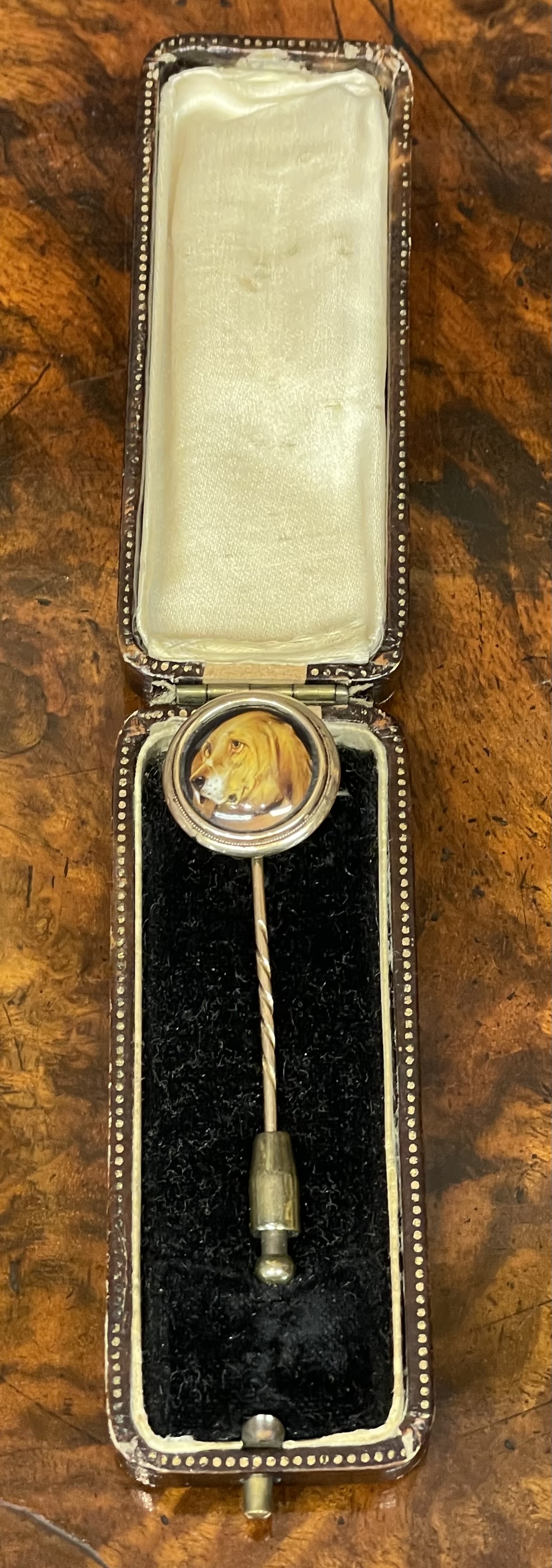 Victorian William Bishop Ford Hand Painted Enamel Bloodhound Gold Stick Pin Dated 1868