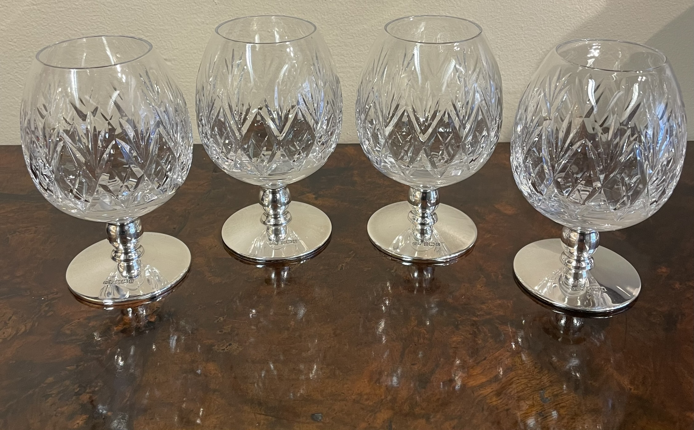 4 Cut Glass And Silver Based Brandy Glasses