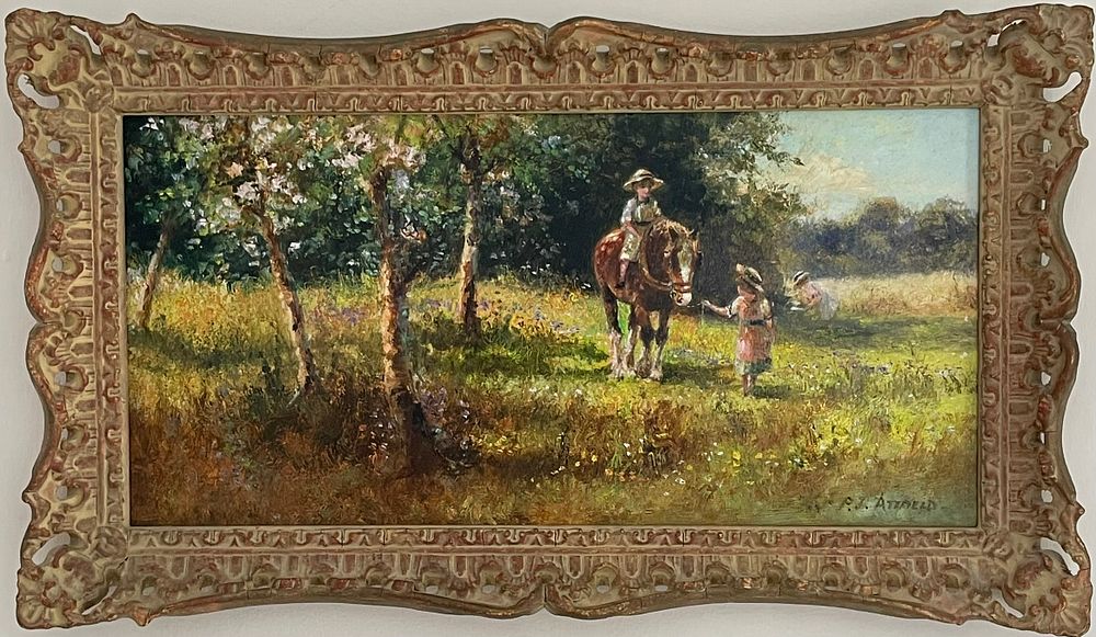 Lot 12 – Paul Attfield (b. 1950), Pastoral Scene with Pony and Child, Oil on Board