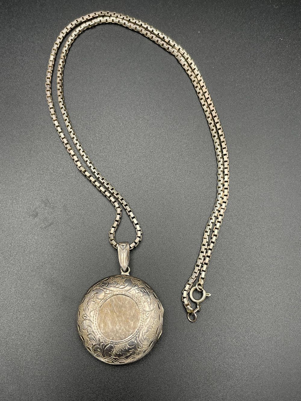Lot 112 – Vintage Sterling Silver Hand Engraved Locket Necklace with Box Link Chain