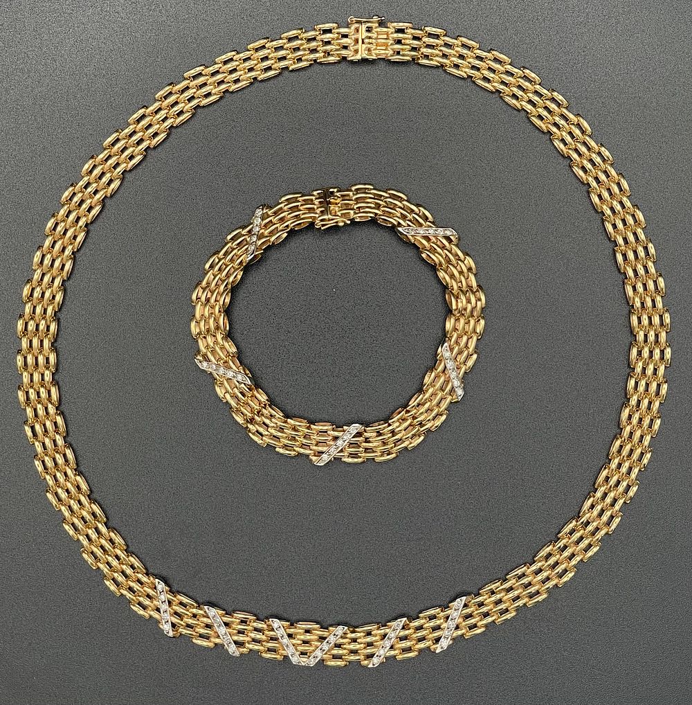 Lot 125 – 18K Yellow Gold Five Row Panther Link Necklace and Bracelet Set with Diamond Chevron Accents