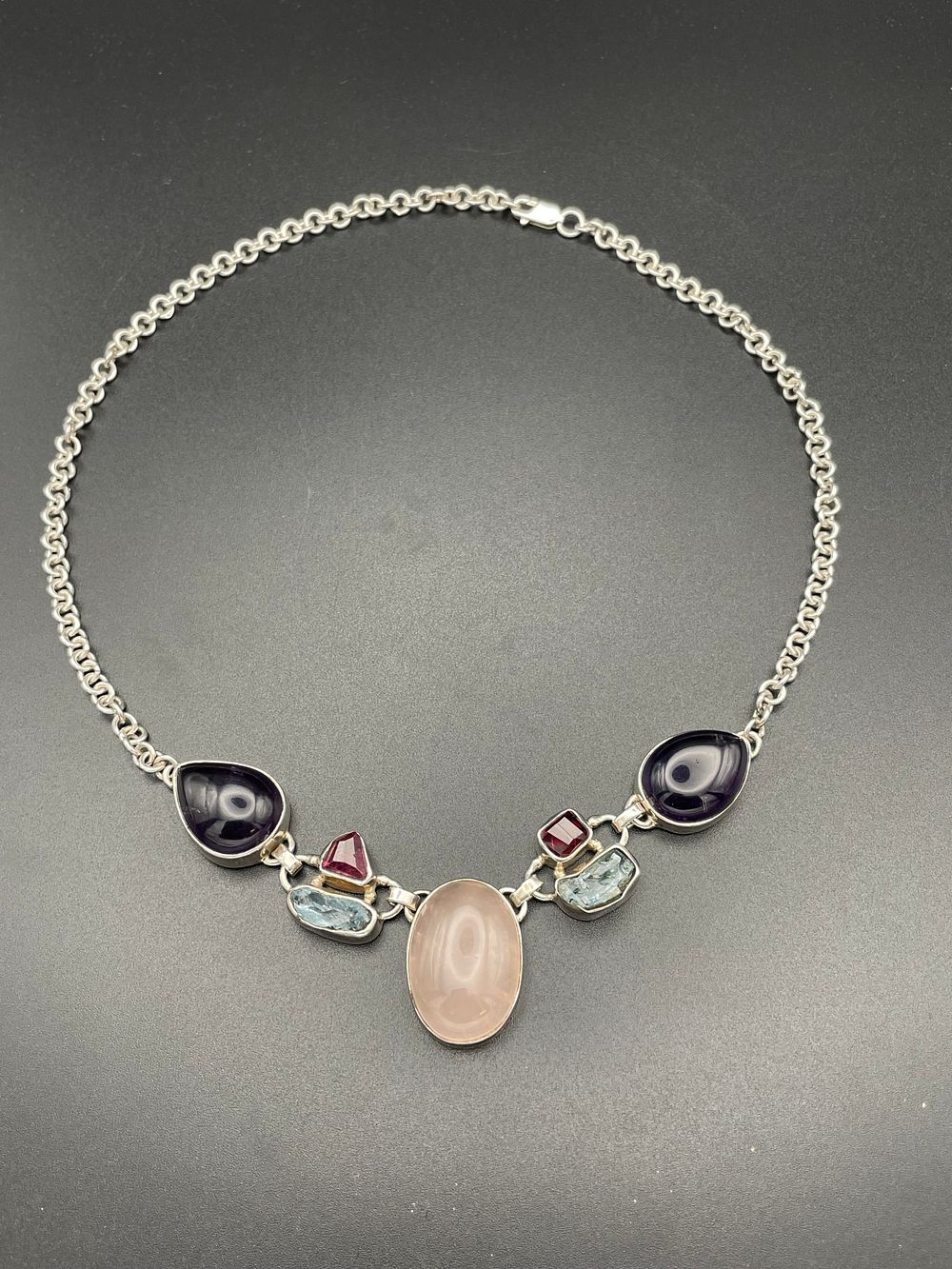 Lot 149 – Sterling Silver and Multi Gemstone Asymmetrical Rollo Chain Necklace