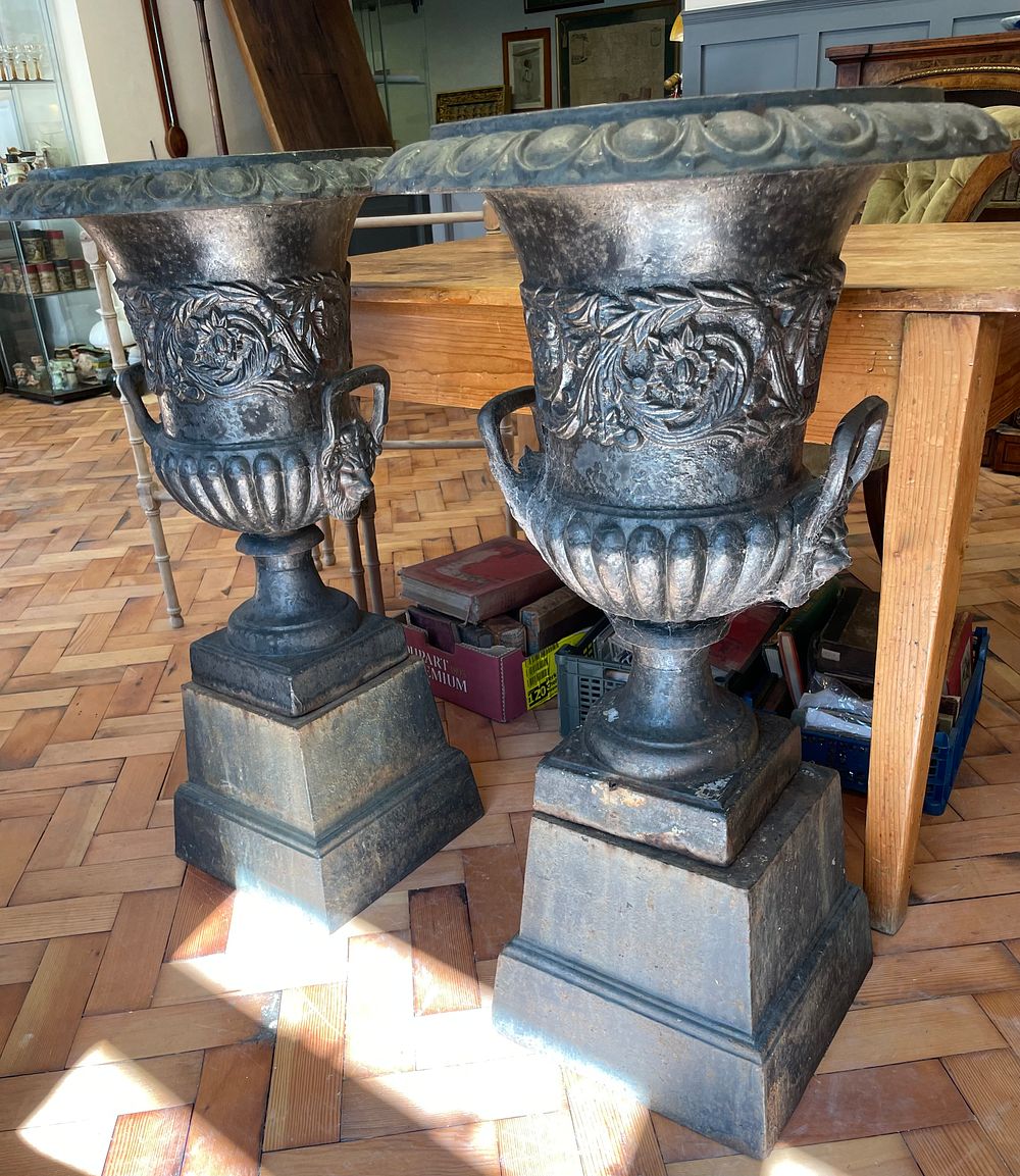Lot 167 – A Large Pair of Neoclassical Style Cast Iron Campana Form Garden Urns on Pedestals