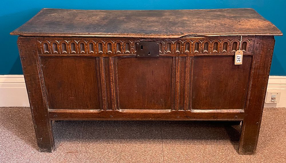 Lot 173 – A 17th Century Oak Coffer With Single Plank Top And Candle Box Inside.