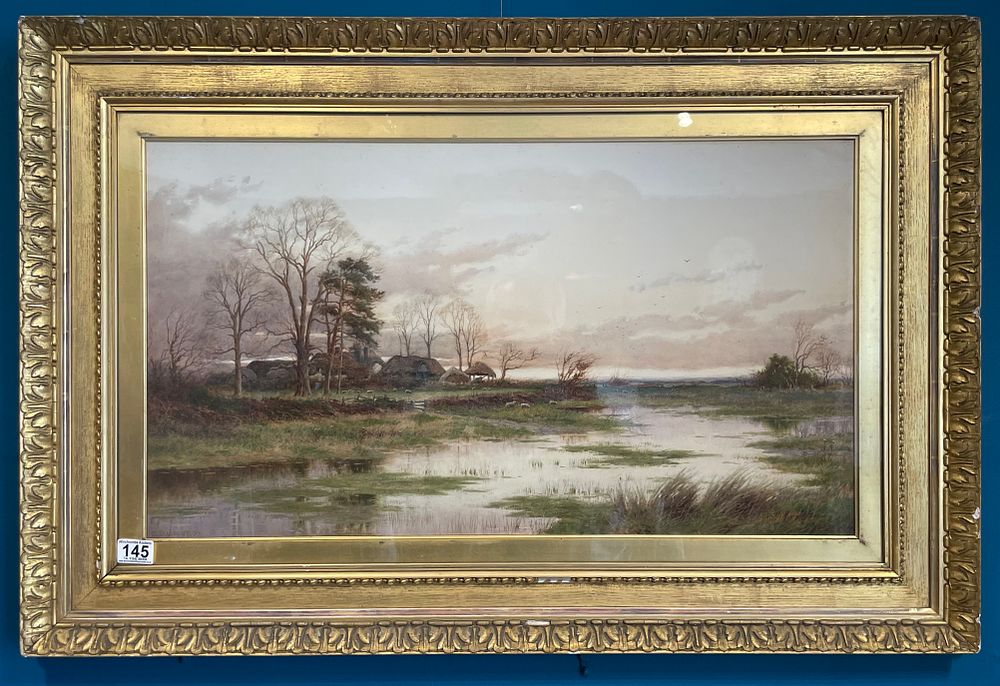 Lot 202 – A Fine Large Watercolour By British Artist In Gilt Frame Of Wet Land Area And Farm