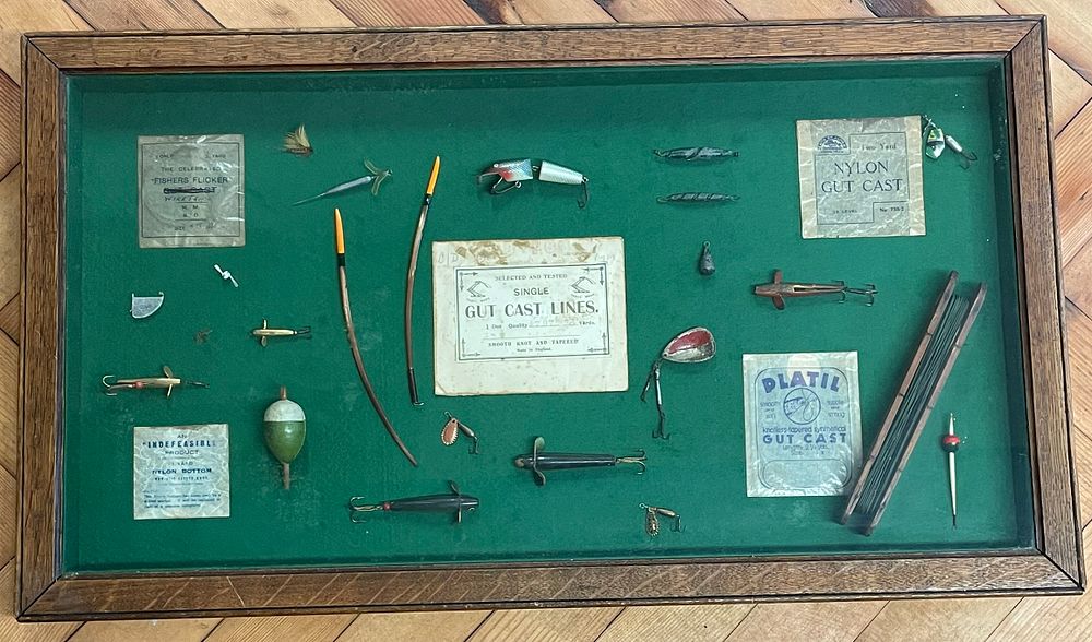 Lot 204 – A Large Oak Framed Wall Display Case With Vintage Fishing Tackle And Equipment.