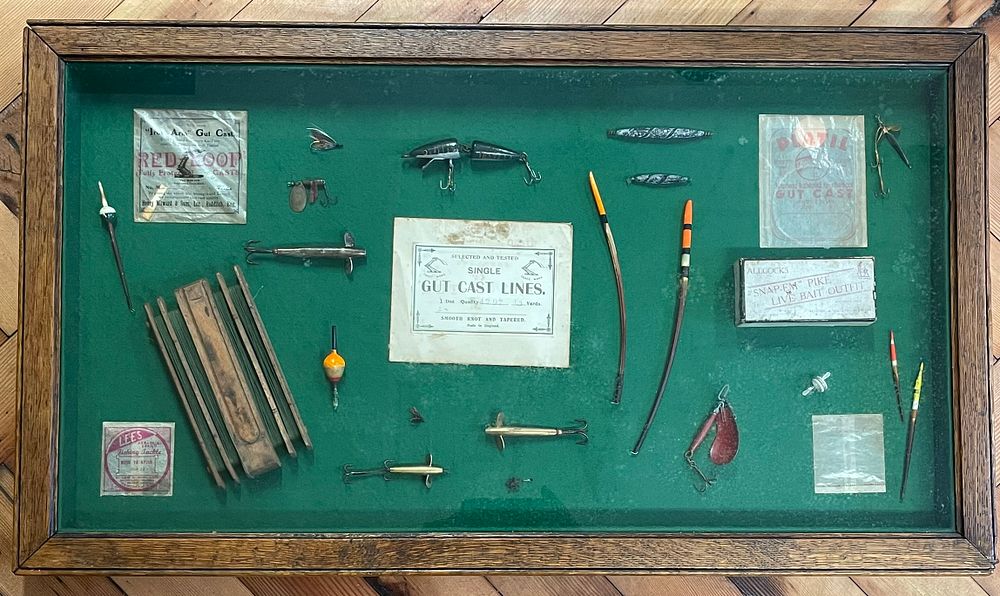 Lot 205 – A Large Oak Framed Wall Display Case With Vintage Fishing Tackle And Equipment.