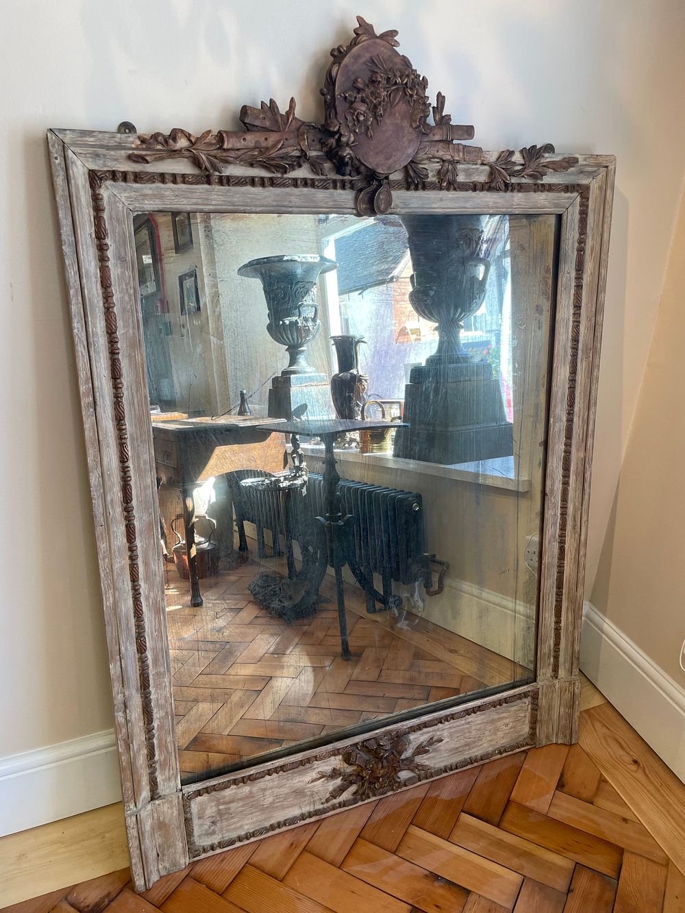 Lot 210 – Large Louis XVI Style Carved and Painted Wall Mirror with Torch and Quiver Crest