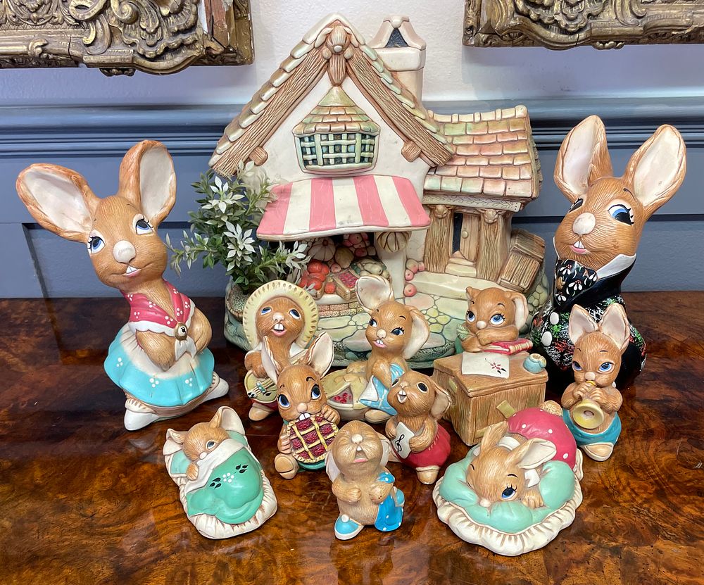 Lot 218 – A 13-Piece Set of Mid-Century Anthropomorphic Ceramic Rabbit Figurines and Cottage Centerpiece