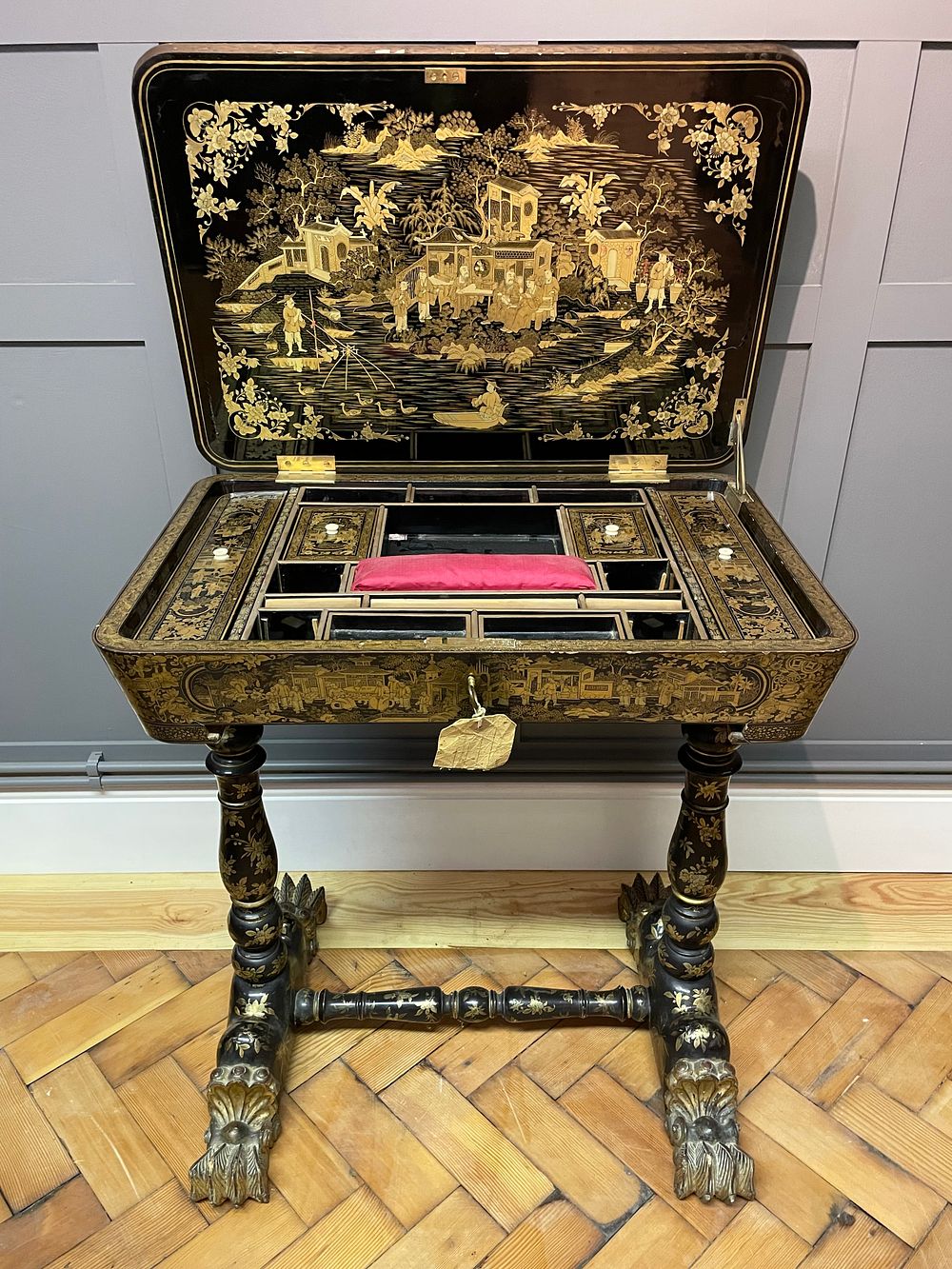 Lot 257 – A Chinese export black and gold lacquer sewing table, Qing dynasty, 19th century