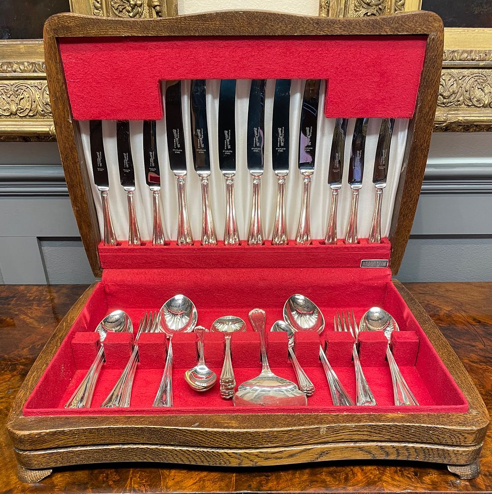 Lot 273 – Canteen of Harrison Fisher and Co Silver Plated Flatware and Cutlery in a Wood Case