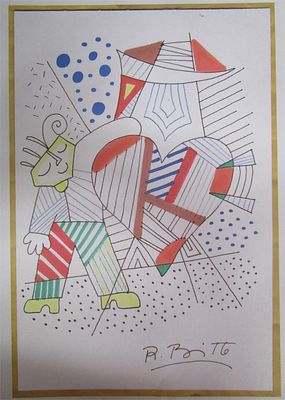 Romero Britto Man with Big Heart on Paper 5 Â½" x 8. Romero Britto Color Drawing - Man with Big 