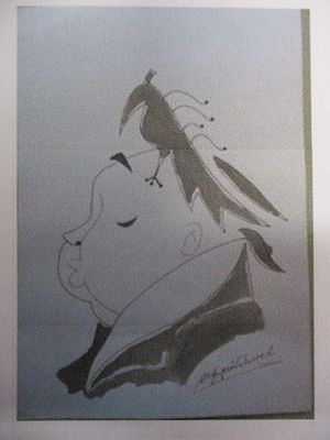 Alfred Hitchcock Signed 8" x 12" Portrait with Original Bird Drawing in Black Ink.Presented 