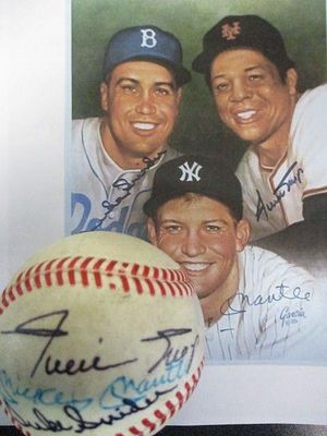 Mantle, Duke Snider, Mays Signed Spalding Baseball. Mickey Mantle, Duke Snider, and Willie Mays 