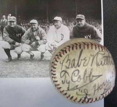 Babe Ruth, Cobb, Wagner, Gehrig Signed Baseball. Babe Ruth, Ty Cobb, Honus Wagner, and Lou 